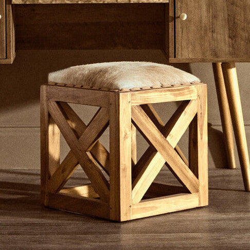 Kendari Hair on Leather and Teak Wood Square Stool