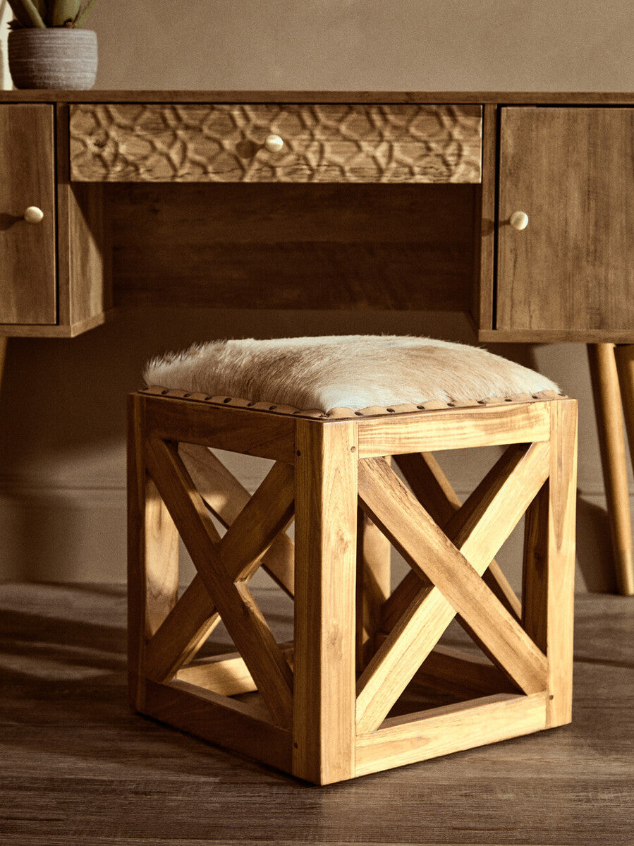 Kendari Natural Hair on Leather Square Stool with Stud Detail