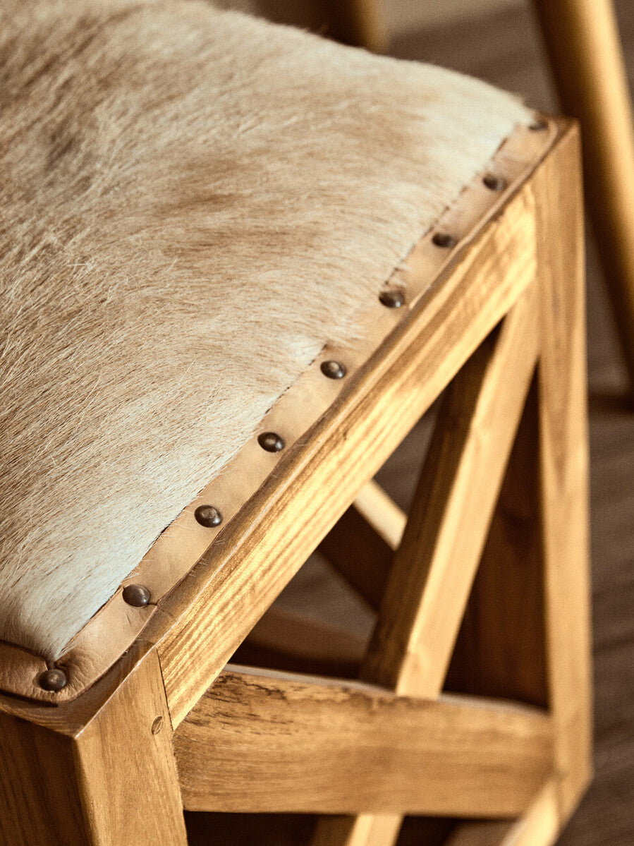 Kendari Natural Hair on Leather Square Stool with Stud Detail