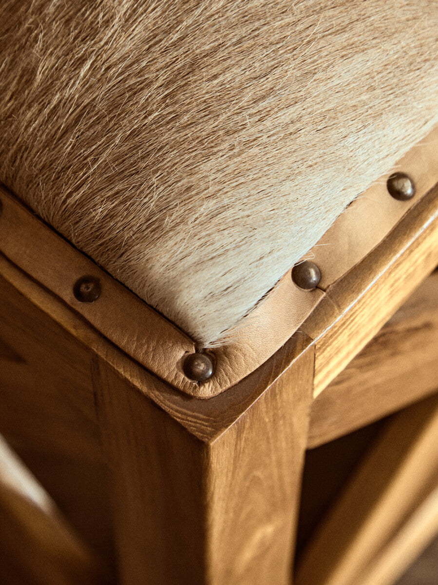 Kendari Natural Hair on Leather Square Stool with Stud Detail