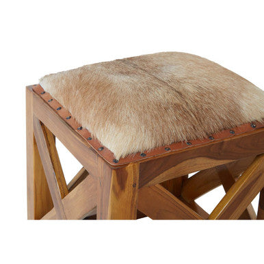 Kendari Hair on Leather and Teak Wood Square Stool