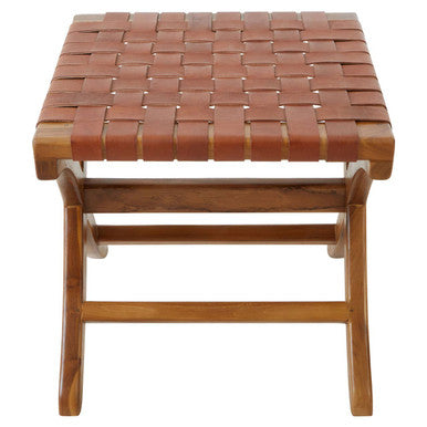 Kendari Brown Woven Leather Stool with Wood Frame