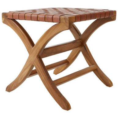 Kendari Brown Woven Leather Stool with Wood Frame