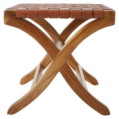 Kendari Brown Woven Leather Stool with Wood Frame