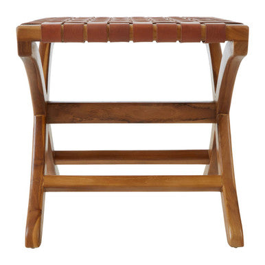Kendari Brown Woven Leather Stool with Wood Frame