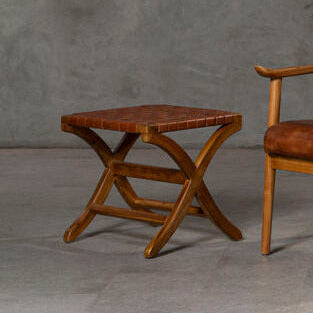 Kendari Brown Woven Leather Stool with Wood Frame