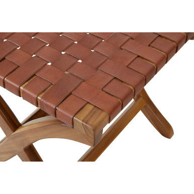 Kendari Brown Woven Leather Stool with Wood Frame