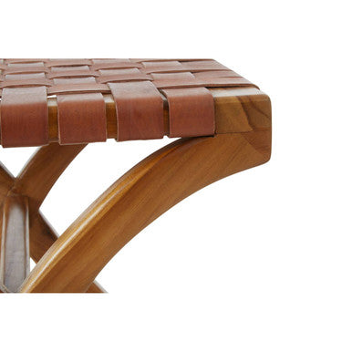 Kendari Brown Woven Leather Stool with Wood Frame