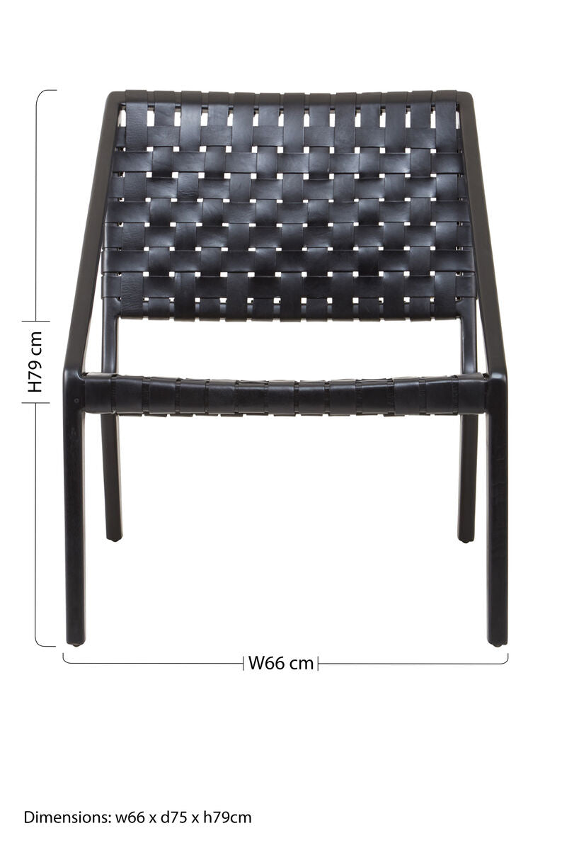 Kendari Black Cow Leather Woven Chair with Wood Frame