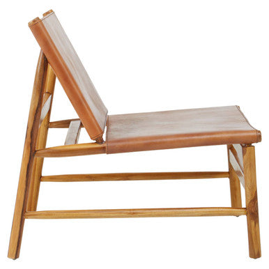 Kendari Brown Leather and Teak Modern Sling Chair with Wood Frame