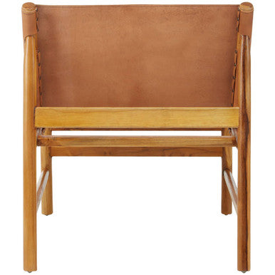 Kendari Brown Leather and Teak Modern Sling Chair with Wood Frame