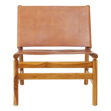 Kendari Brown Leather and Teak Modern Sling Chair with Wood Frame