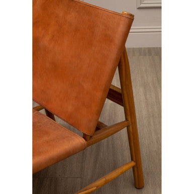 Kendari Brown Leather and Teak Modern Sling Chair with Wood Frame