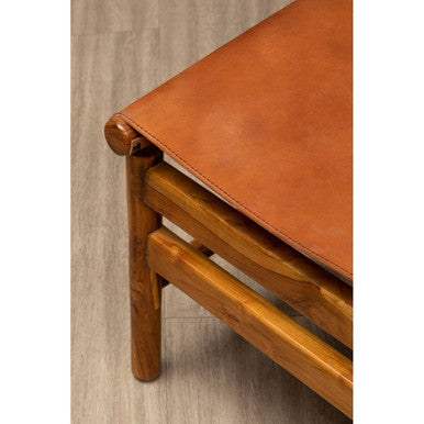 Kendari Brown Leather and Teak Modern Sling Chair with Wood Frame