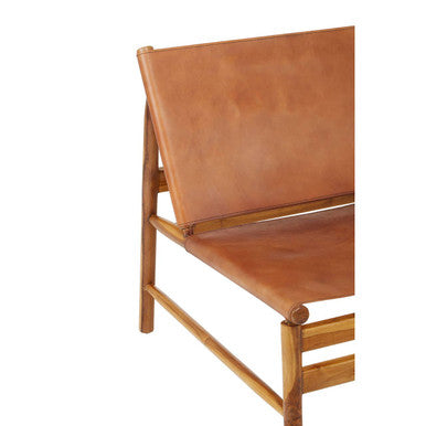 Kendari Brown Leather and Teak Modern Sling Chair with Wood Frame