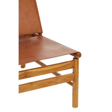 Kendari Brown Leather and Teak Modern Sling Chair with Wood Frame