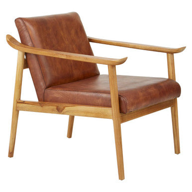 Kendari Brown Leather Armchair with Wood Frame
