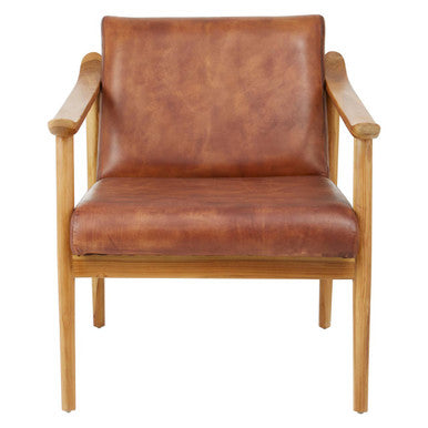 Kendari Brown Leather Armchair with Wood Frame