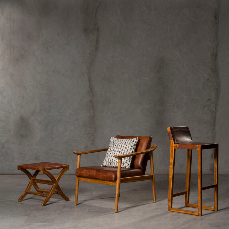 Kendari Brown Leather Armchair with Wood Frame