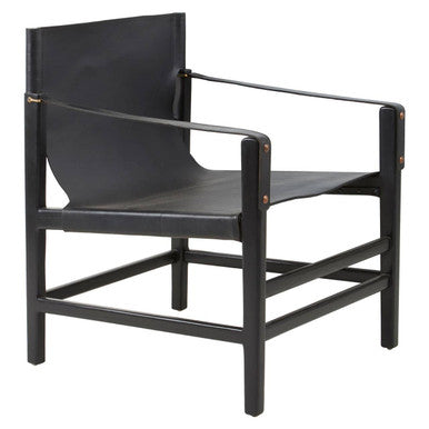 Kendari Black Leather Sling Armchair with Black Teak Wood Frame