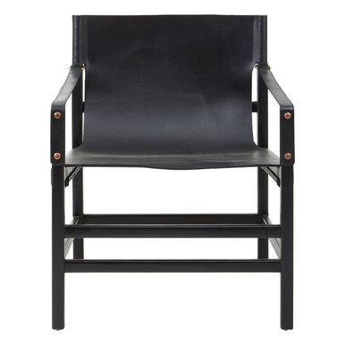 Kendari Black Leather Sling Armchair with Black Teak Wood Frame