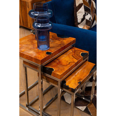 Set of 3 Black and Natural Teak Wood Nesting Tables with Silver Metal Frame | Surak