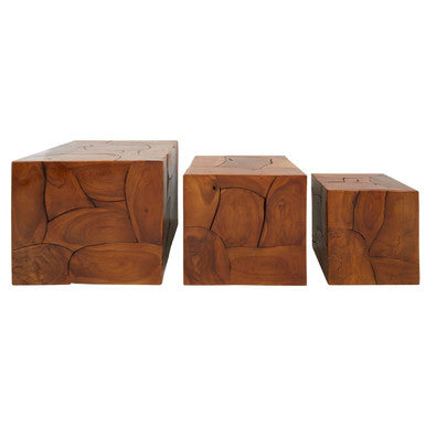 Surak Brown Teak Wood Set of 3 Side Tables and Stools