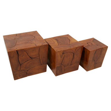 Surak Brown Teak Wood Set of 3 Side Tables and Stools