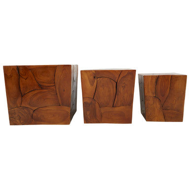 Surak Brown Teak Wood Set of 3 Side Tables and Stools