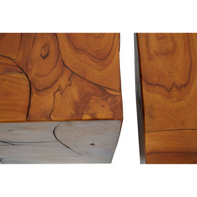 Set of 3 Brown Solid Teak Wood Side Tables and Stools, Surak