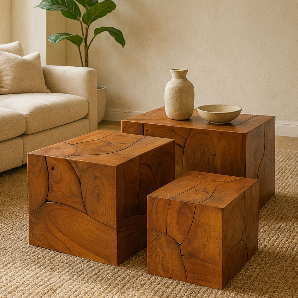 Surak Brown Teak Wood Set of 3 Side Tables and Stools