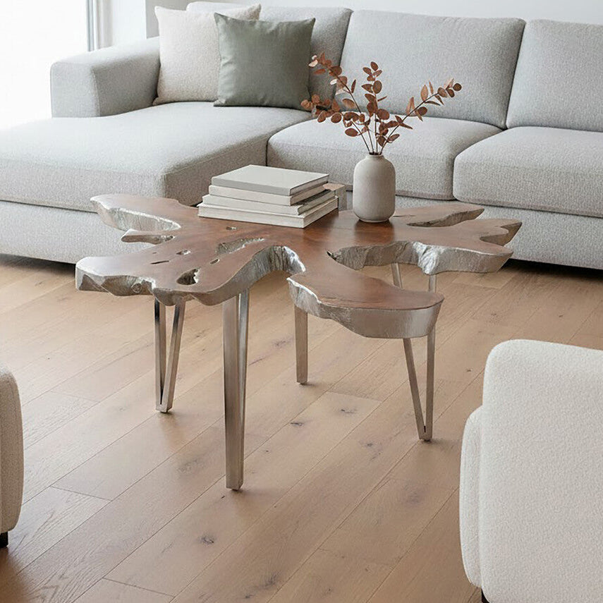 Silver Teak Wood Star Top Coffee Table with Steel Legs, Surak