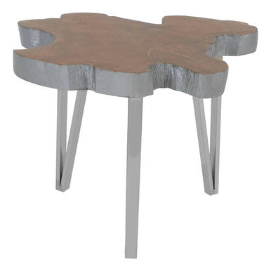Silver Teak Wood Top Medium Side Table with Stainless Steel Legs, Surak