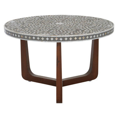 Black and White Mother of Pearl Design Top Round Coffee Table with Wood Base, Fusion
