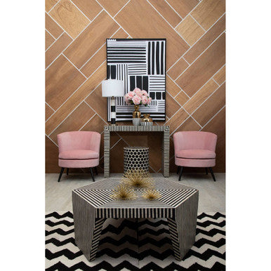 Black and White Striped Bone Inlay Hexagon Coffee Table, Fusion