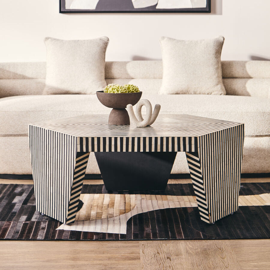 Black and White Striped Bone Inlay Hexagon Coffee Table, Fusion