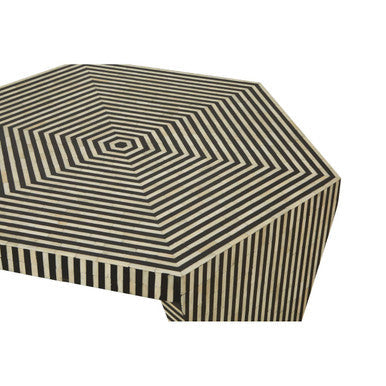 Black and White Striped Bone Inlay Hexagon Coffee Table, Fusion