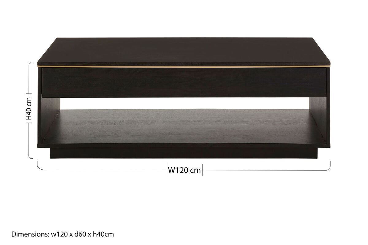 Black Oak Veneer 1-Drawer Coffee Table with Gold Finish Trim and Lower Storage Shelf, Diamond