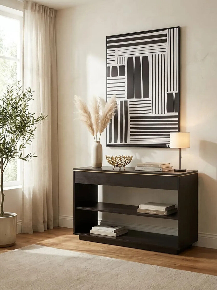Brown Oak Veneer Wooden Console Table with Storage Space, Diamond