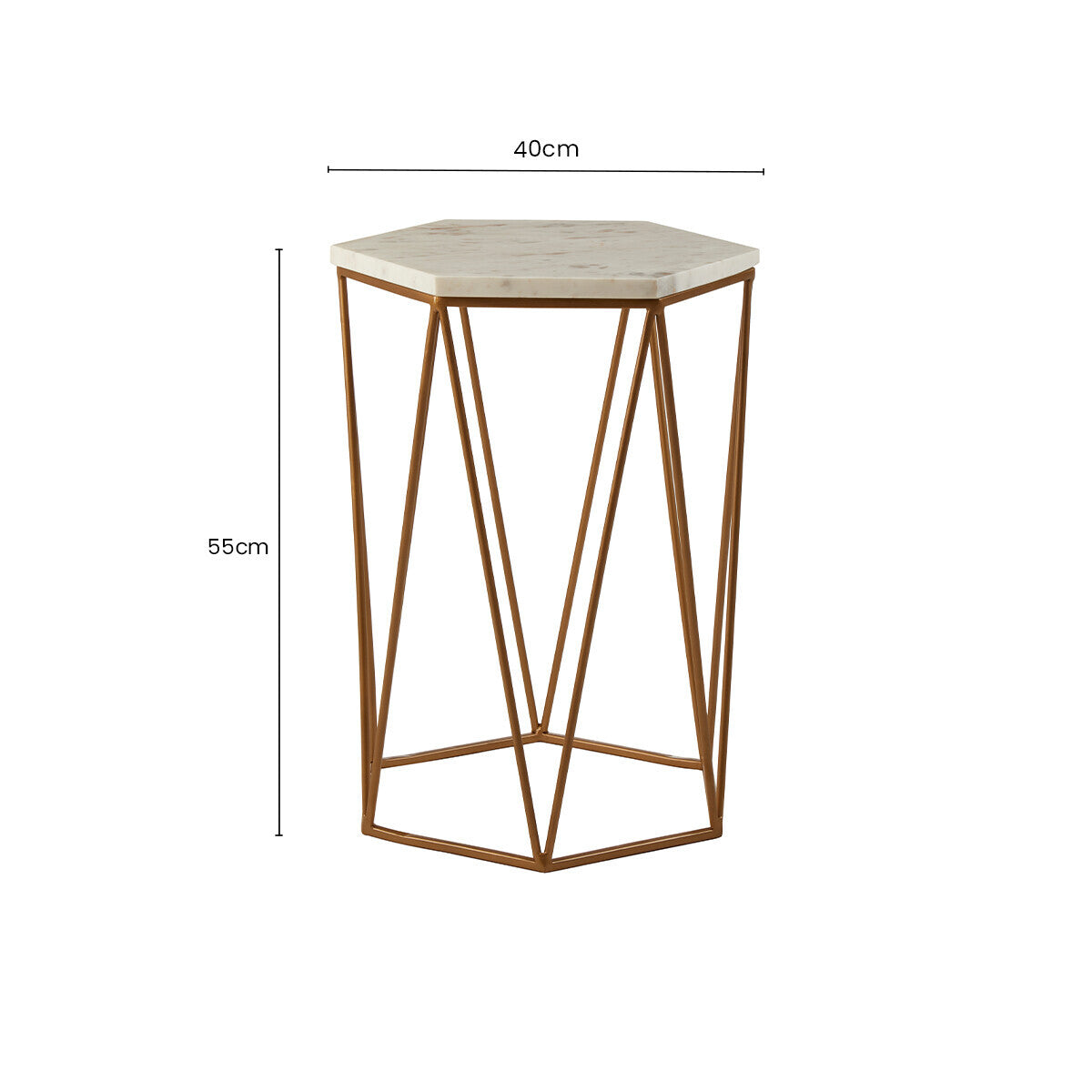White Solid Marble Top Hexagonal Side Table with Gold Finish Metallic Frame, Shalimar