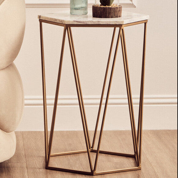 White Solid Marble Top Hexagonal Side Table with Gold Finish Metallic Frame, Shalimar
