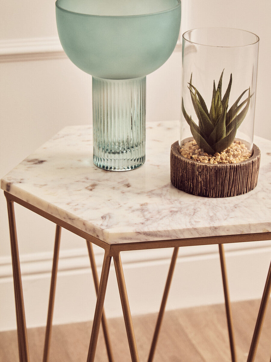 White Solid Marble Top Hexagonal Side Table with Gold Finish Metallic Frame, Shalimar