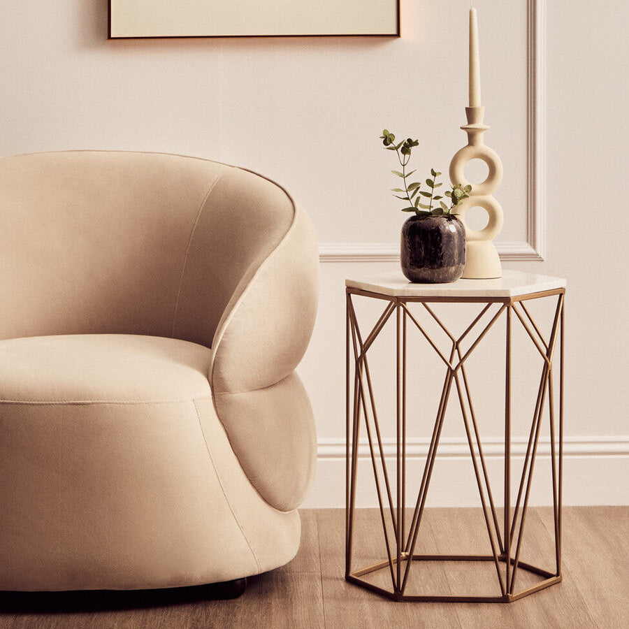 White Marble Top Side Table with Geometric Open Frame Gold Metallic Base, Shalimar