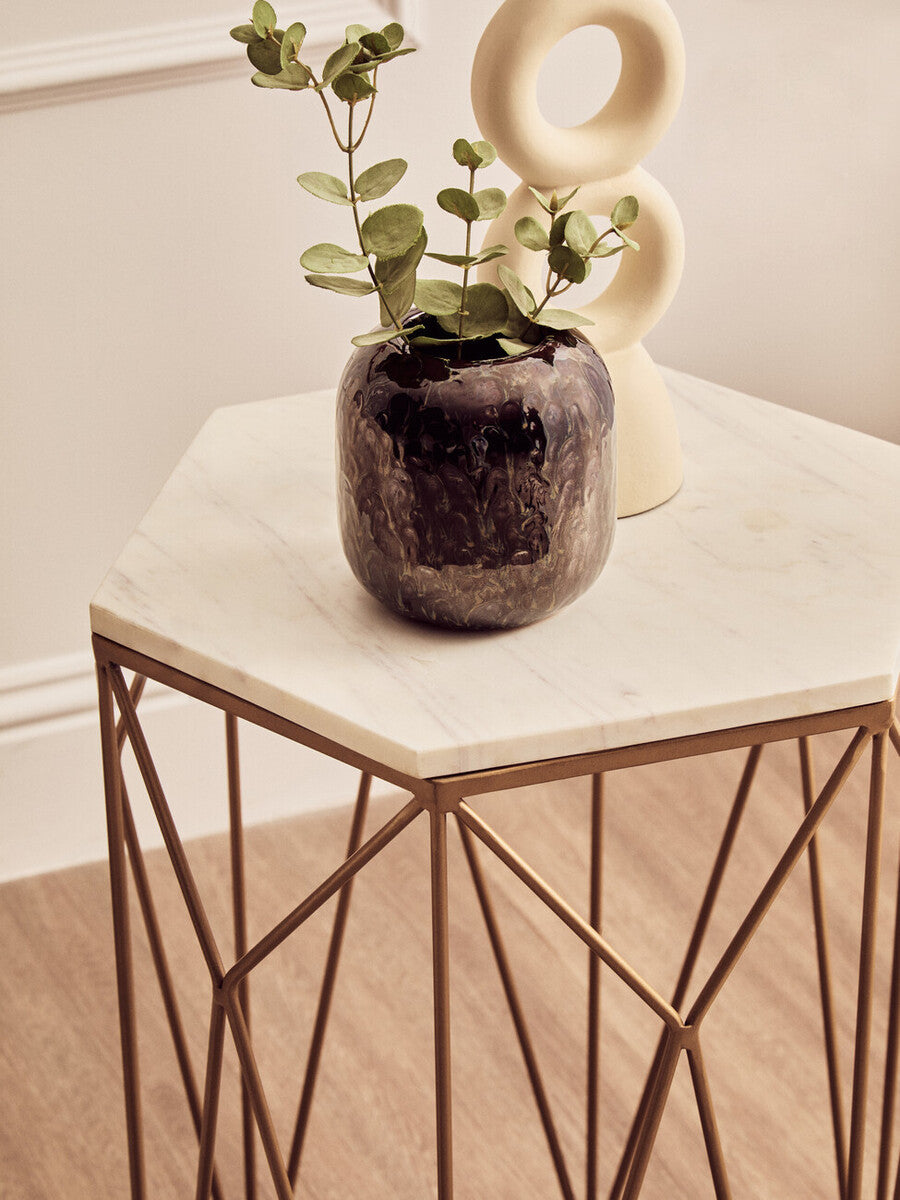 White Marble Top Side Table with Geometric Open Frame Gold Metallic Base, Shalimar