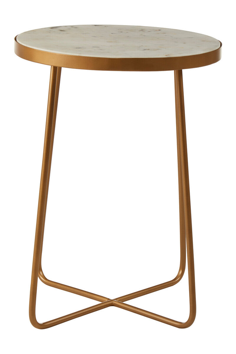 White Marble Top Round Side Table with Flowing Gold Finish Metallic Cross Base, Shalimar
