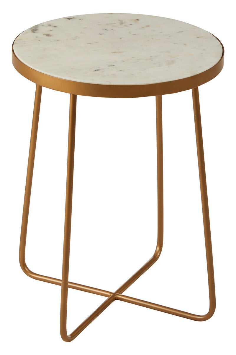 White Marble Top Round Side Table with Flowing Gold Finish Metallic Cross Base, Shalimar