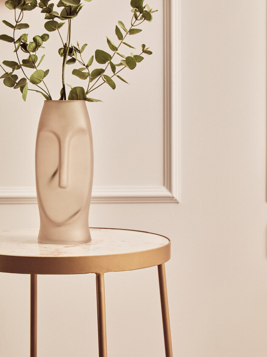 White Marble Top Round Side Table with Flowing Gold Finish Metallic Cross Base, Shalimar