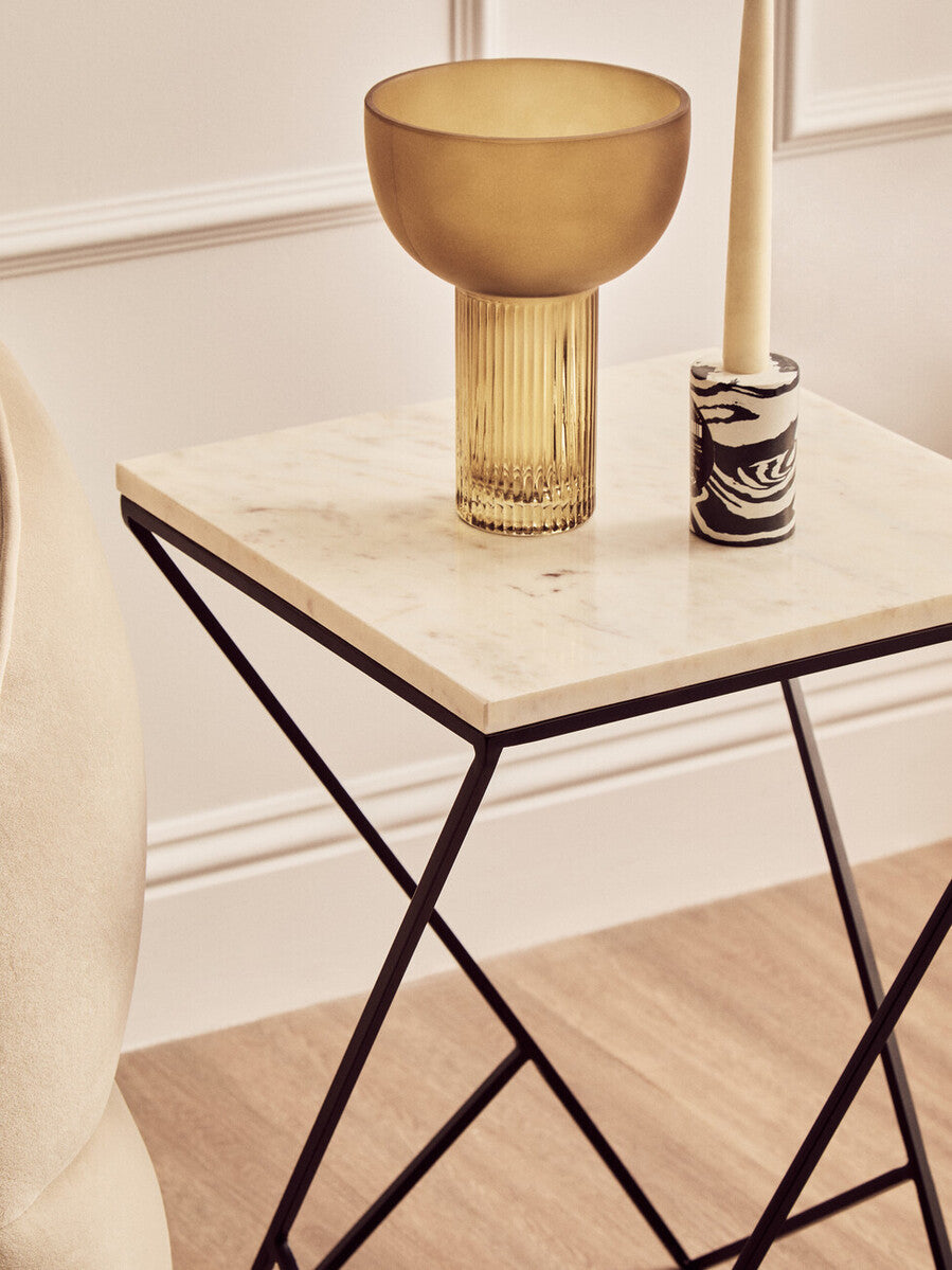 White Marble Top Square Side Table with Black Finish Metal Legs, Shalimar