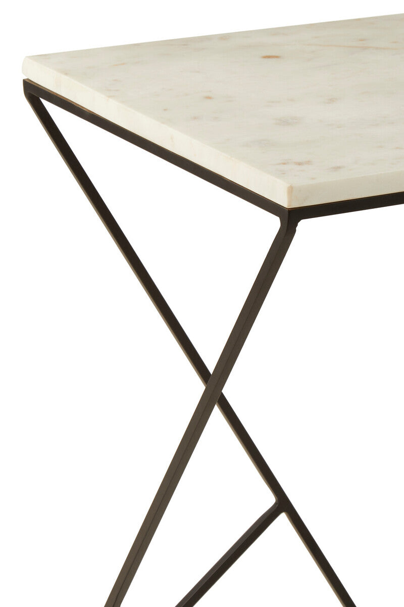 White Marble Top Square Side Table with Black Finish Metal Legs, Shalimar