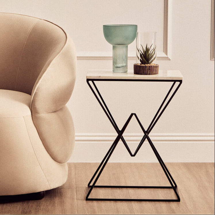 White Marble Top Rectangular Side Table with Black Metallic Prismatic Base, Shalimar